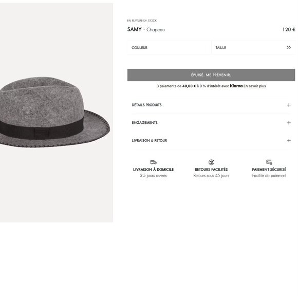 Made in Italy ba&sh "Samy" Grey Wool Felt Fedora Hat – Small Fit - Picture 8 of 8